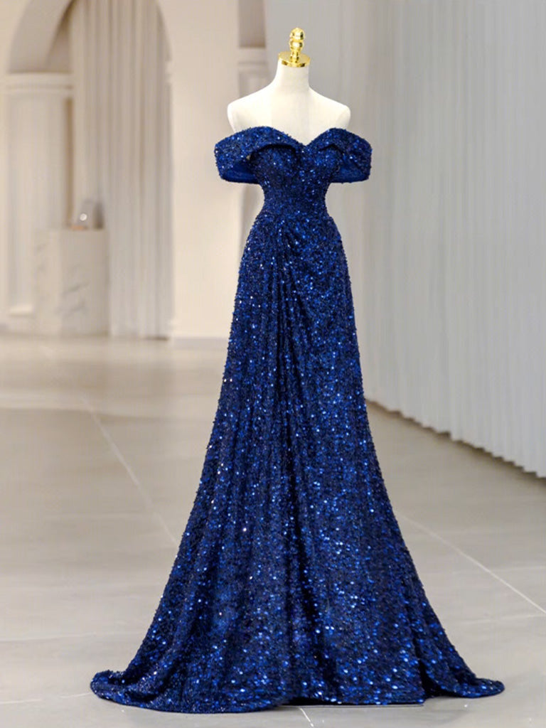 Simple Off Shoulder Sequin Blue Long prom Dress, Blue Sequin Long Even toptby Simple Off Shoulder Sequin Blue Long prom Dress, Blue Sequin Long Even toptby