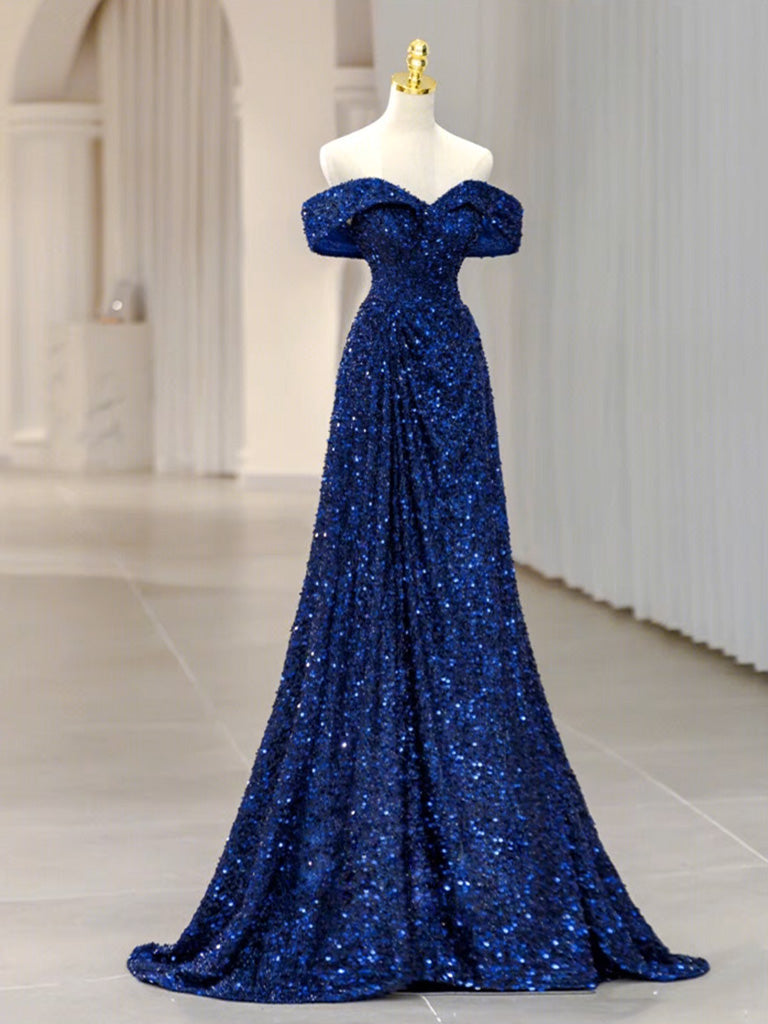 Simple Off Shoulder Sequin Blue Long prom Dress, Blue Sequin Long Evening Dress