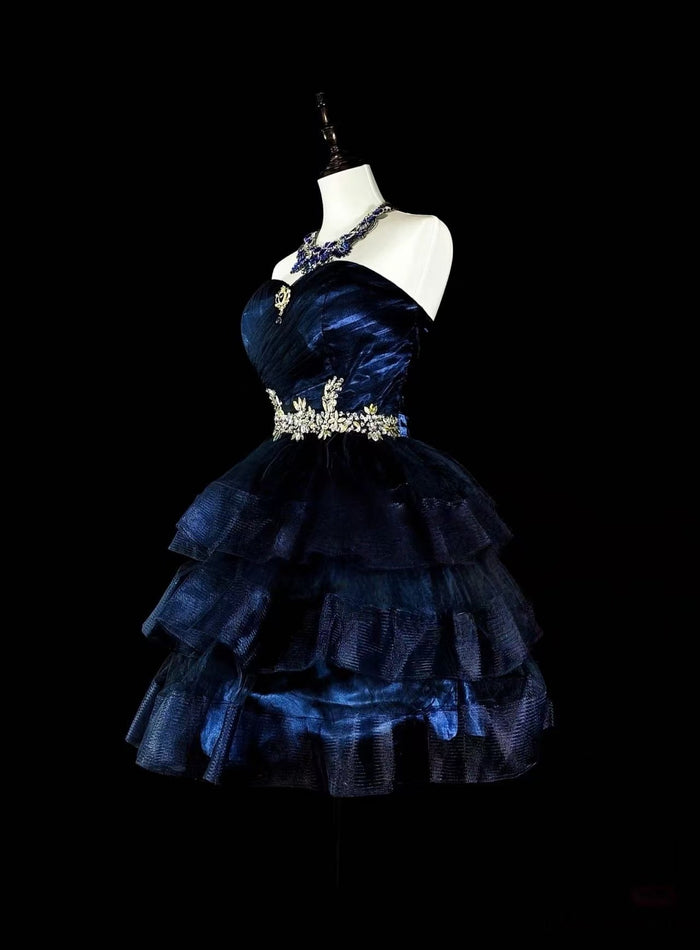 A-line Sweetheart Neck Tulle Dark Blue Short Prom Dress, Blue Homecoming Dress
