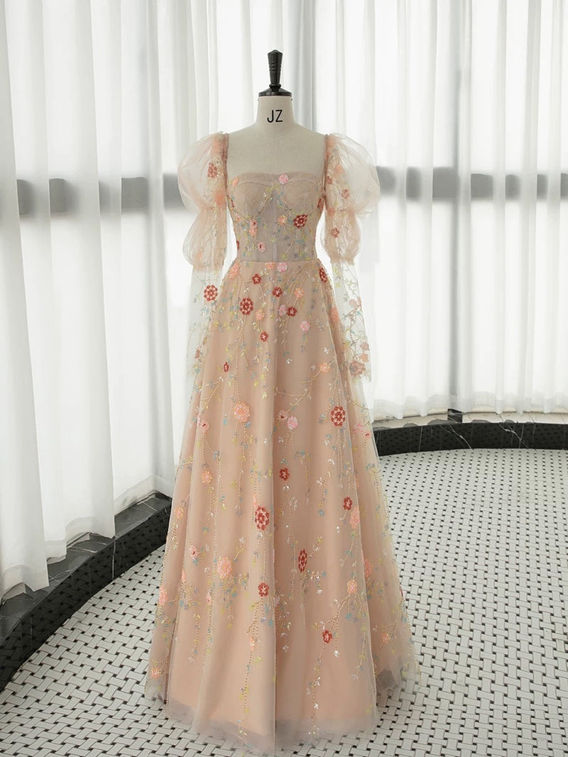 A-Line Long Sleeve Champagne Pink Lace Long Prom Dress