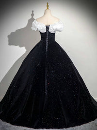 A-Line Off Shoulder Velvet Black Long Prom Dress, Black Long Evening Dress