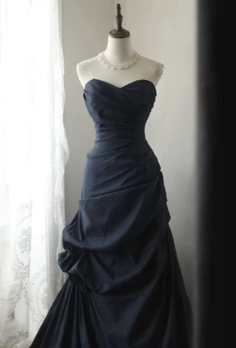 A-line Sweetheart Neck Floor Length Dark Blue Long Prom Dress
