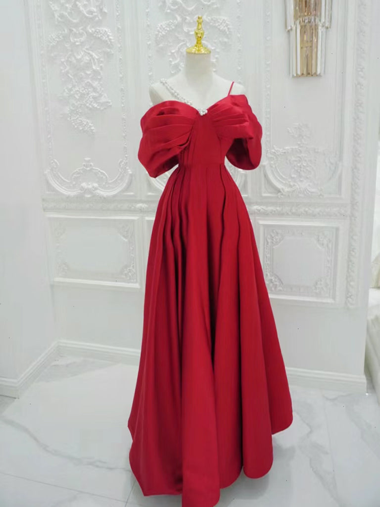 Red A-Line Off Shoulder Satin Long Prom Dress, Red Long Formal Dress