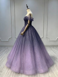 A-line Off Shoulder Sweetheart Shiny Tulle Purple Ball Gown Prom Dress