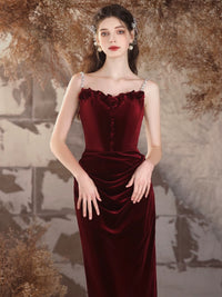 Burgundy Velvet Mermaid Long Prom Dress, Velvet Burgundy Long Formal Dress