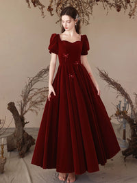 A-Line Short Sleeve Velvet Burgundy Long Prom Dress, Burgundy Long Evening Dress