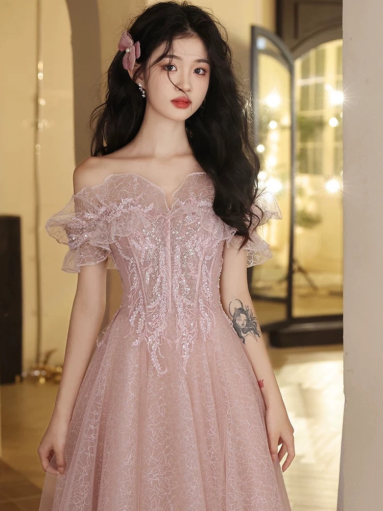 A-Line Off Shoulder Tulle Sequin Pink Long Prom Dress, Pink Long Formal Dress