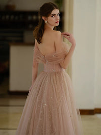 A-Line Off Shoulder Tulle Champagne Long Prom Dress, Champagne Long Formal Dress