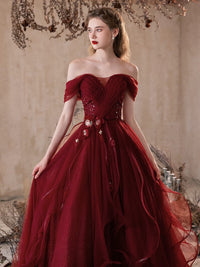 A-Line Off Shoulder Tulle Burgundy Long Prom Dress, Burgundy Long Evening Dress