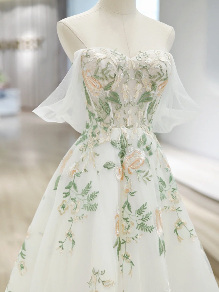 A-Line Off Shoulder Tulle Lace Applique White Long Prom Dress, White L toptby A-Line Off Shoulder Tulle Lace Applique White Long Prom Dress, White L toptby
