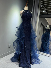 A-Line Tulle Sequin Dark Blue Long Prom Dress, Dark Blue Long Formal Dress