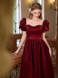 A-Line Puff Sleeves Satin Burgundy Long Prom Dress, Burgundy Long Formal Dress