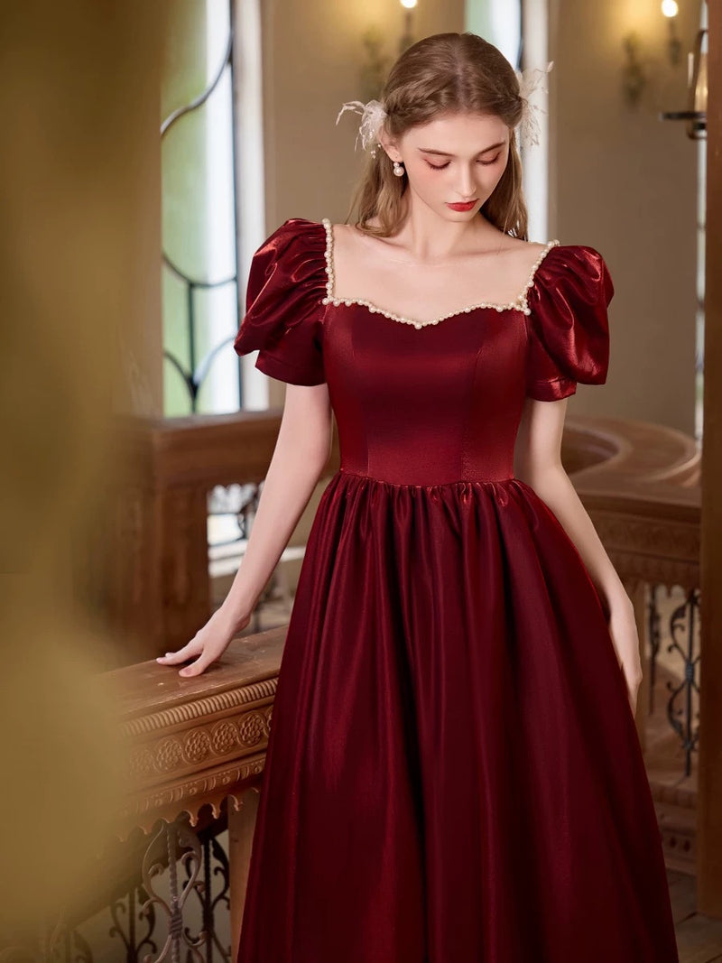 A-Line Puff Sleeves Satin Burgundy Long Prom Dress, Burgundy Long Formal Dress