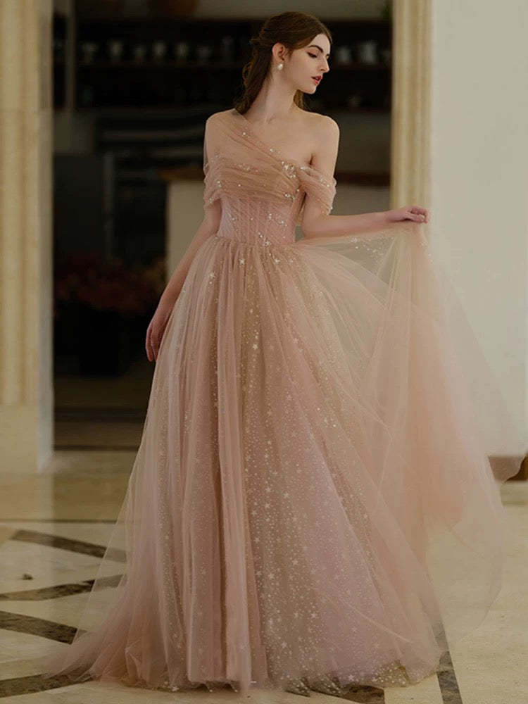 A-Line Off Shoulder Tulle Champagne Long Prom Dress, Champagne Long Fo – toptby