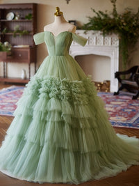 A-Line Off Shoulder Sweetheart Neck Tulle Green Long Prom Dress