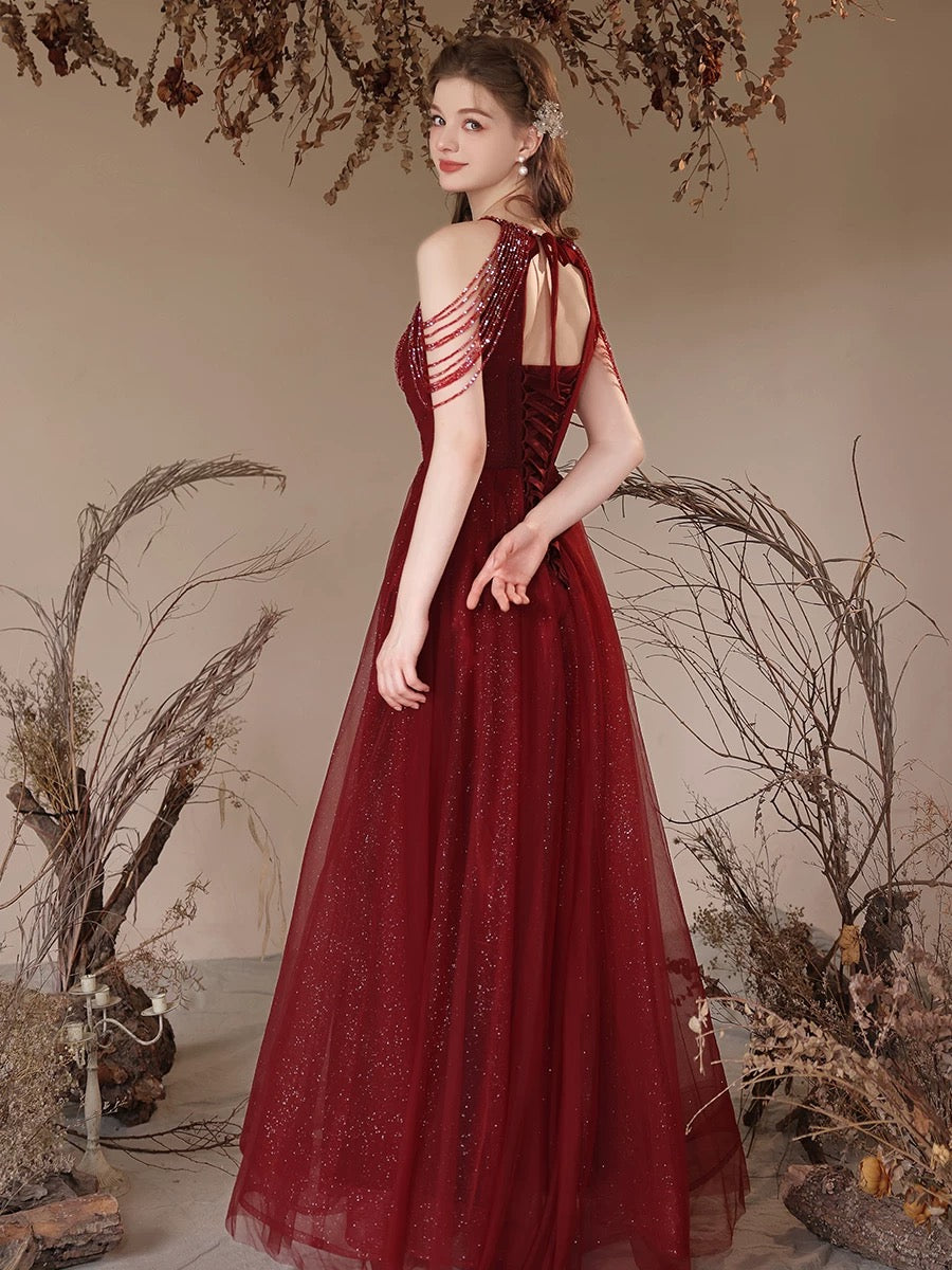 A-Line Tulle Sequin Beads Burgundy Long Prom Dress, Burgundy Long Even