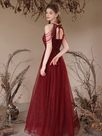 A-Line Tulle Sequin Beads Burgundy Long Prom Dress, Burgundy Long Evening Dress