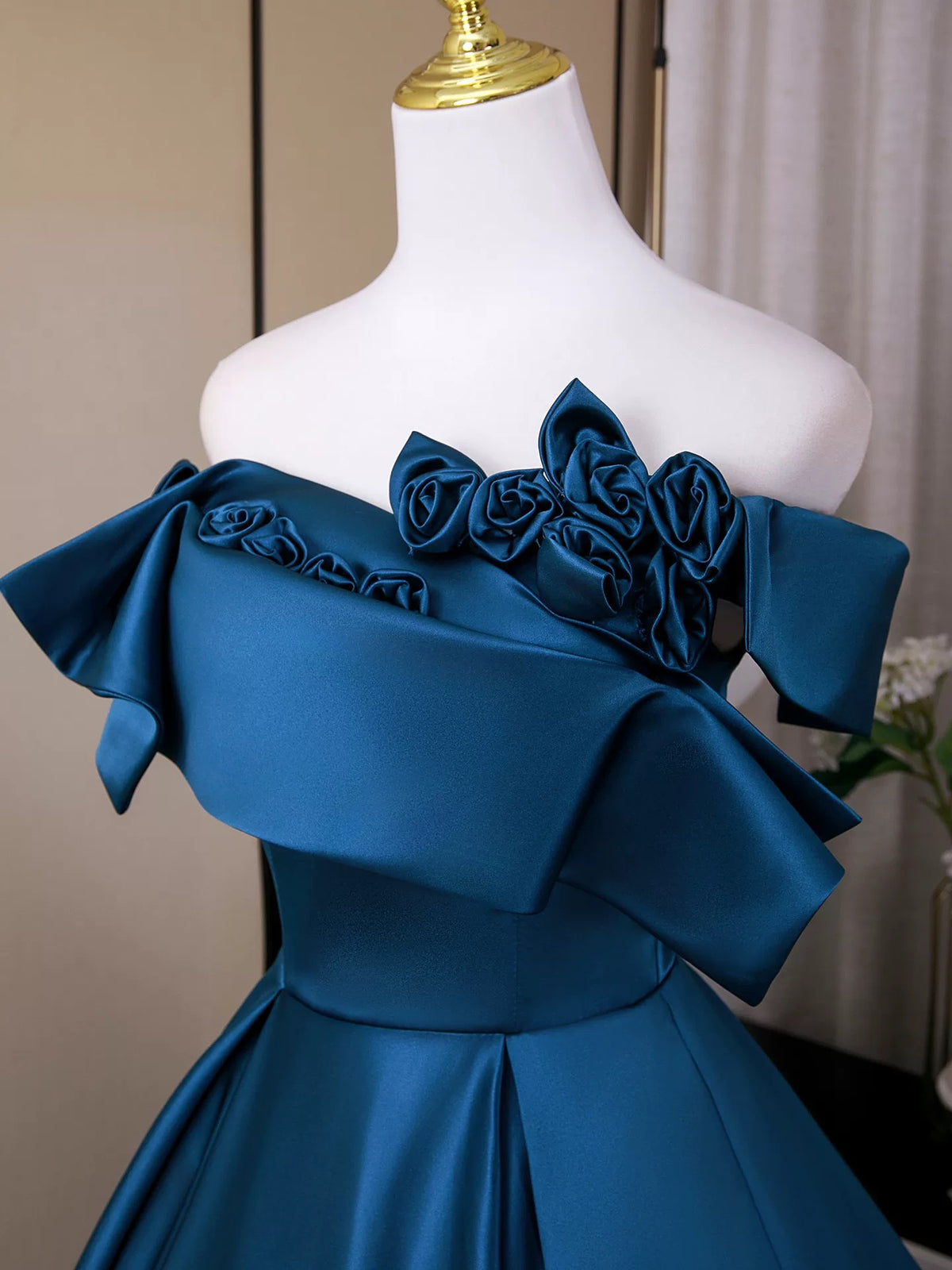 A-Line Satin Blue Long Prom Dress, Blue Long Formal Dress