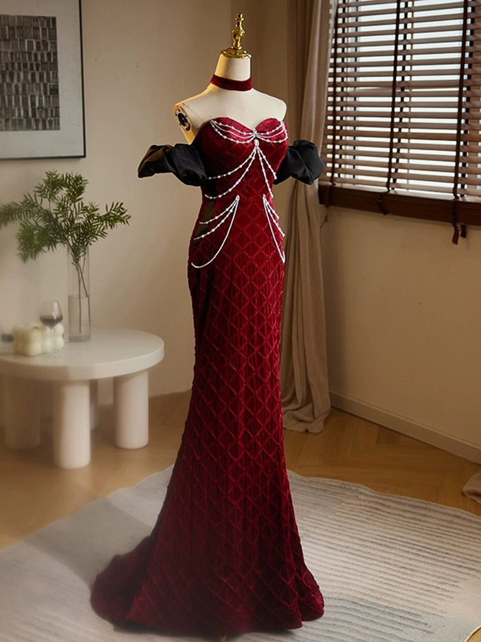 Pretty Mermaid Scoop Neckline Burgundy Velvet Long Prom Dresses Party Dress main image 0