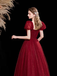 A-Line Puff Sleeves Tulle Burgundy Long Prom Dress, Burgundy Long Evening Dress