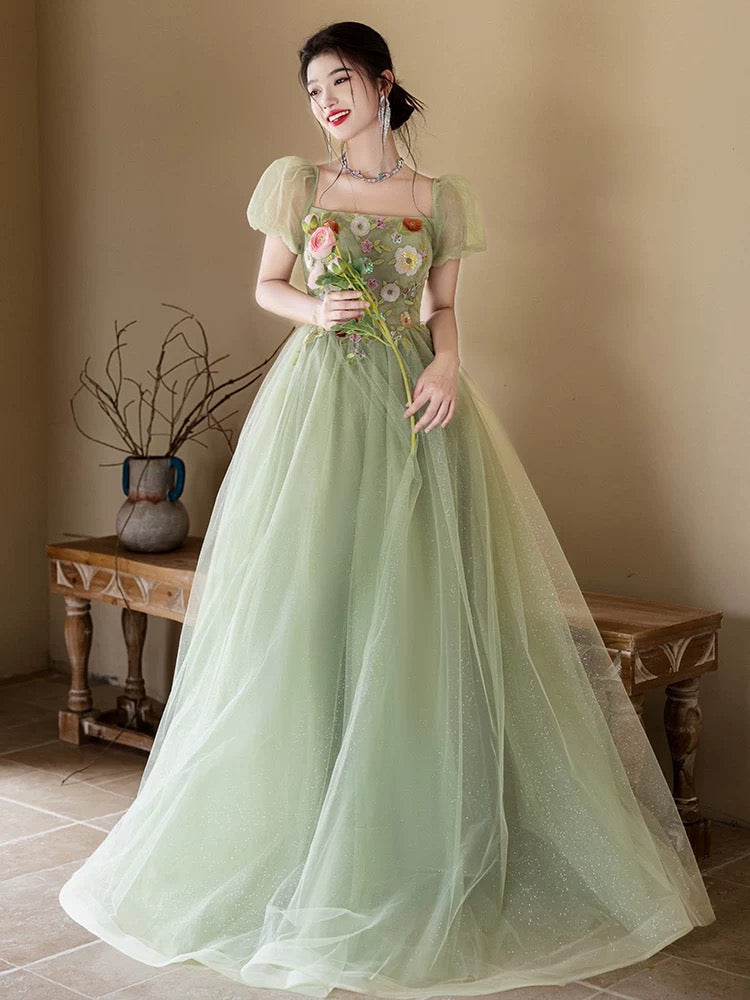 A-Line Puff Sleeves Tulle Flower Green Long Prom Dress, Green Long For toptby A-Line Puff Sleeves Tulle Flower Green Long Prom Dress, Green Long For toptby