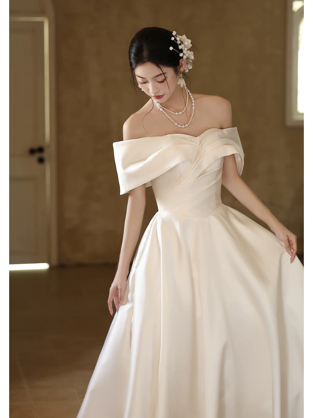 A-Line Off Shoulder Satin White Long Prom Dress, White Long Formal Dress