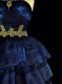 A-line Sweetheart Neck Tulle Dark Blue Short Prom Dress, Blue Homecoming Dress