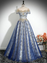 A-Line Tulle Lace Blue Long Prom Dress, Blue Long Evening Dress