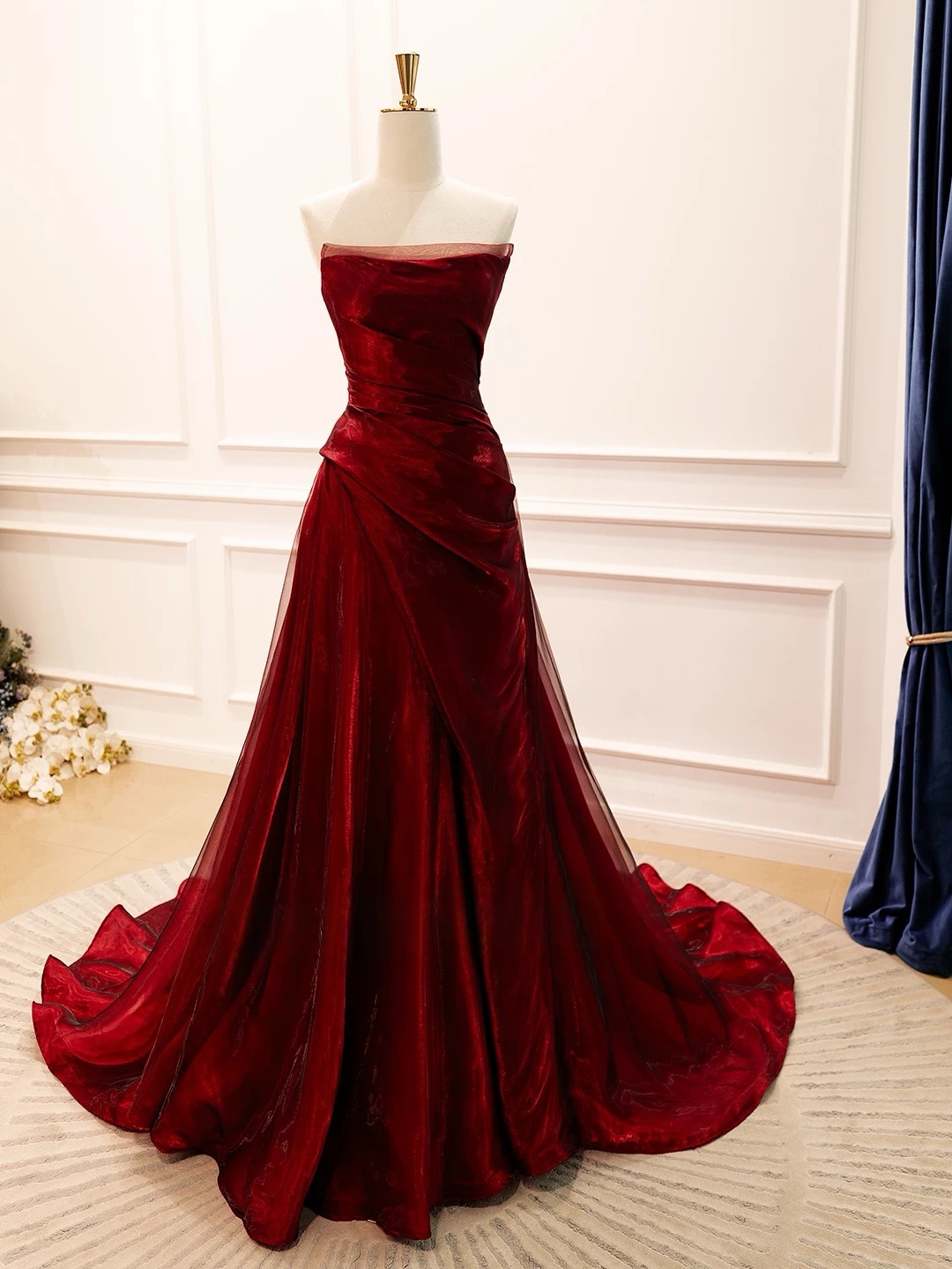 A-Line Organza Burgundy Long Prom Dress, Burgundy Long Evening Dress
