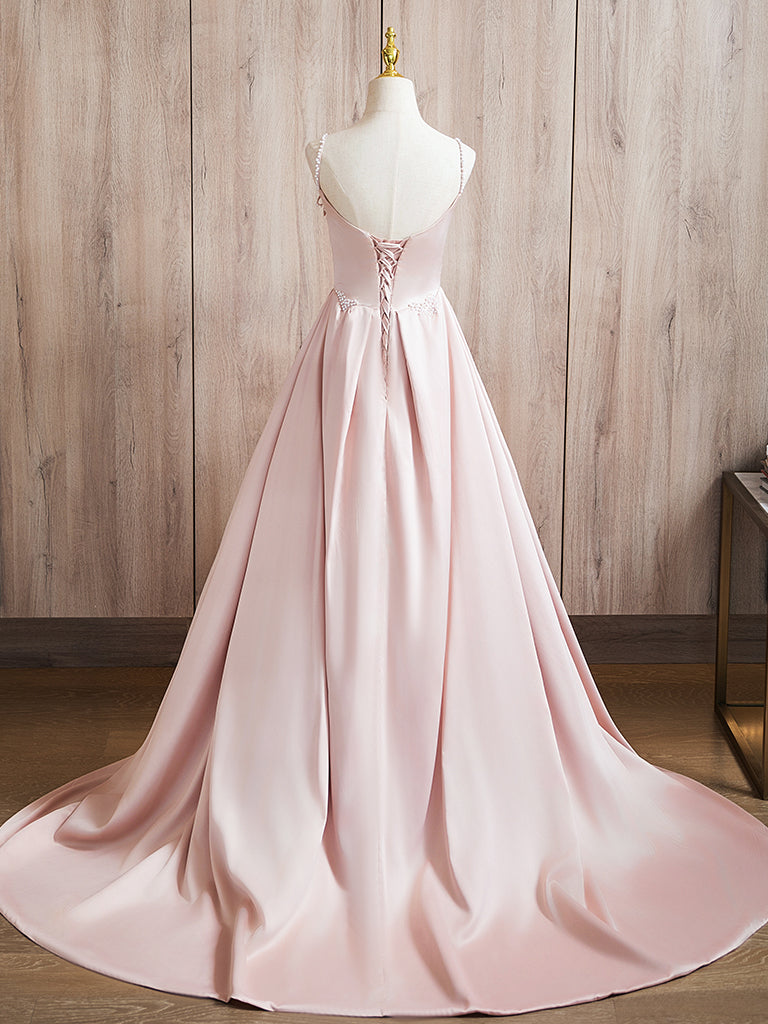 A-Line Satin Beads Pink Long Prom Dress, Pink Long Formal Dress