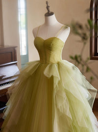 A-Line Green Sweetheart Neck Tulle Long Prom Dress, Green Evening Dress