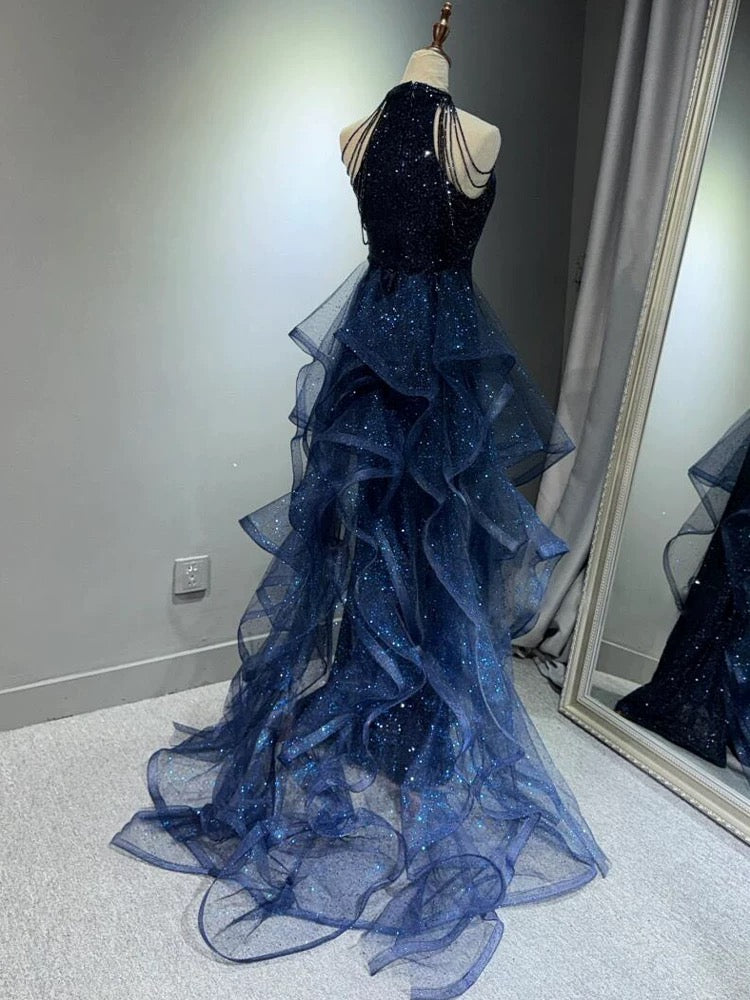 A-Line Tulle Sequin Dark Blue Long Prom Dress, Dark Blue Long Formal Dress