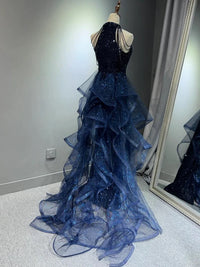 A-Line Tulle Sequin Dark Blue Long Prom Dress, Dark Blue Long Formal Dress