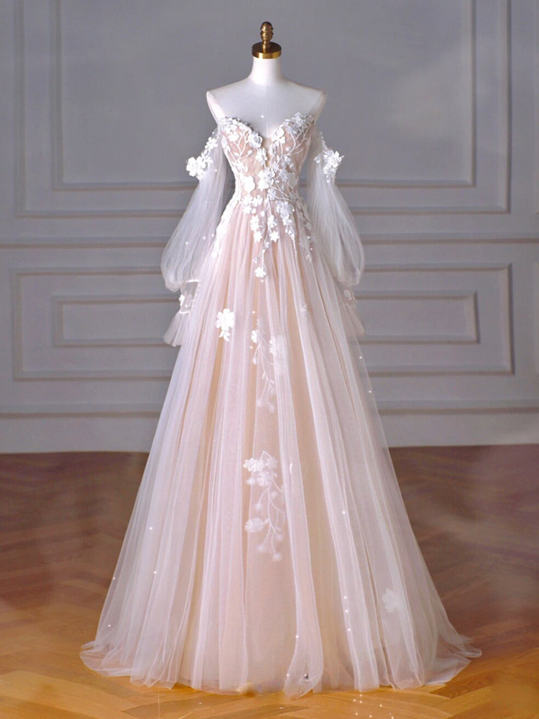 A-Line Long Sleeves Tulle Lace Champagne Long Prom Dress, Champagne Lo toptby A-Line Long Sleeves Tulle Lace Champagne Long Prom Dress, Champagne Lo toptby