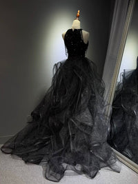 A-Line High Neck Tulle Ball Gown Sequin Black Prom Dress with Beads