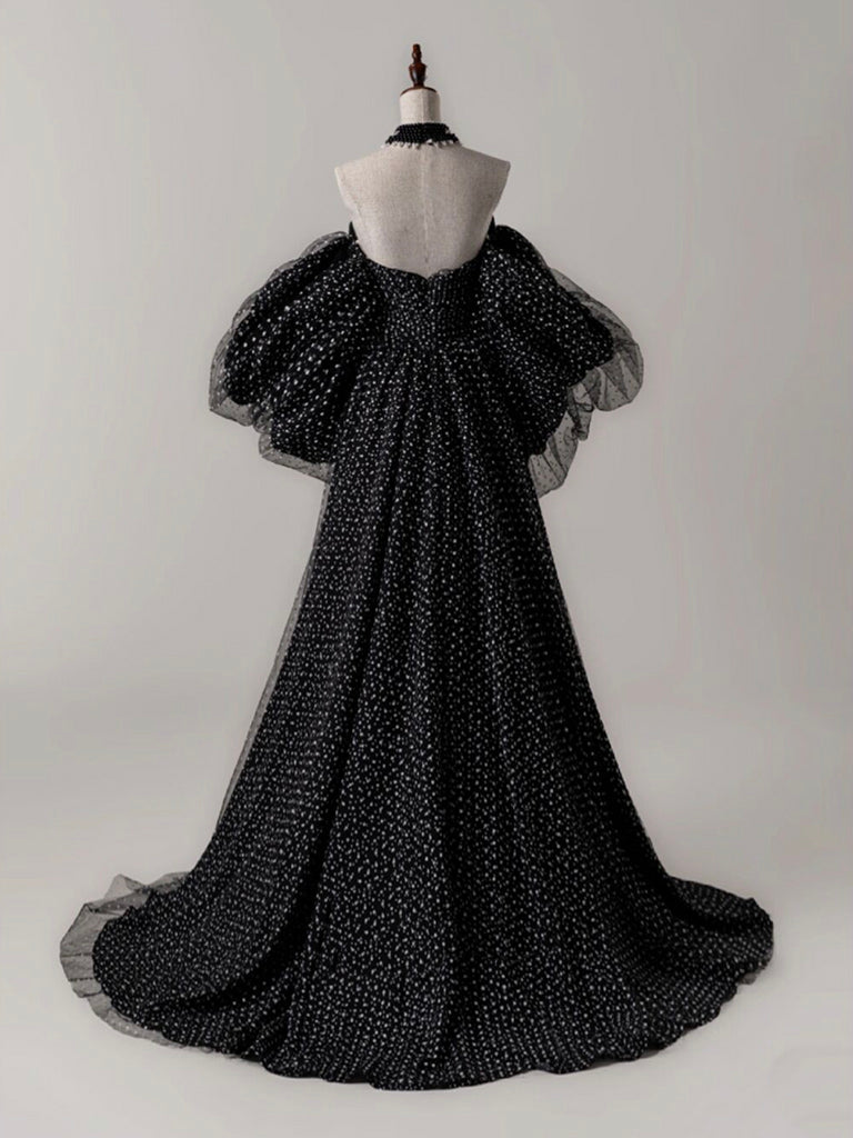 Black A- Line Tulle Long Prom Dress, Black Long Formal Dress