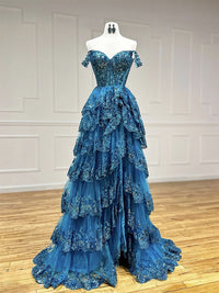 A-Line  Sweetheart Neck Tulle Sequin Lace Blue Long Prom Dress