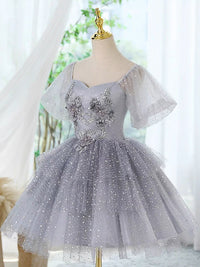 A-Line Tulle Lace Gray Short Prom Dress, Cute Gray Homecoming Dress