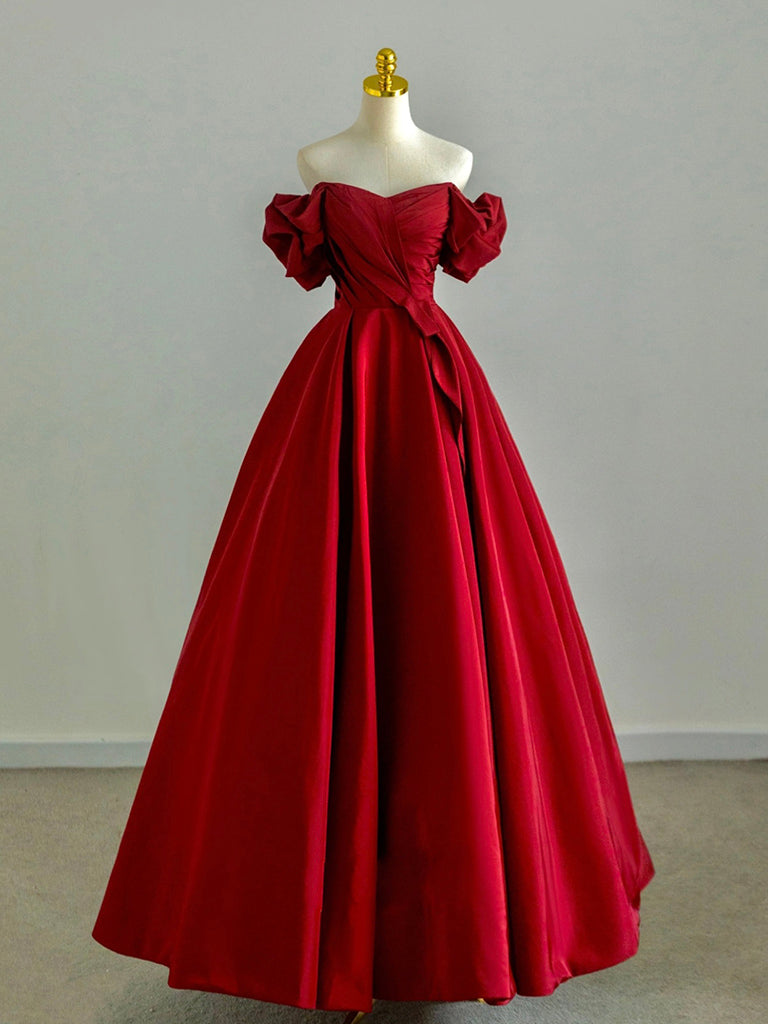 A-Line Off Shoulder Satin Burgundy Long Prom Dress, Burgundy Long Formal Dress