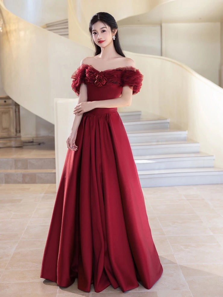 A-Line Off Shoulder Satin Tulle Burgundy Long Prom Dress
