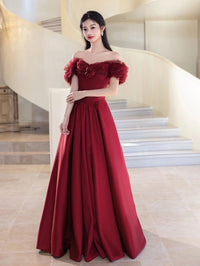 A-Line Off Shoulder Satin Tulle Burgundy Long Prom Dress
