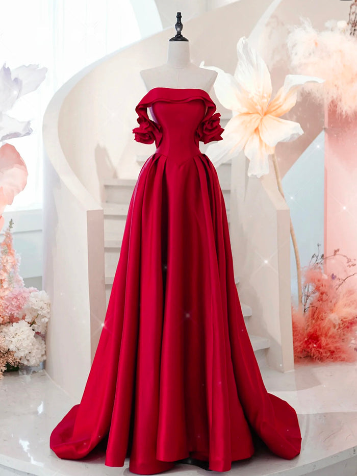 A-Line Off Shoulder Satin Red Long Prom Dress, Red Long Formal Dress