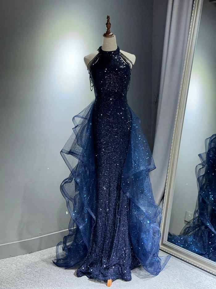 Unique High Neck Tulle Sequin Dark Blue Long Prom Dress with Beads