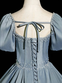 A-Line Puff Sleeves Satin Beads Gray Blue Long Prom Dress, Gray Blue Long Formal Dress