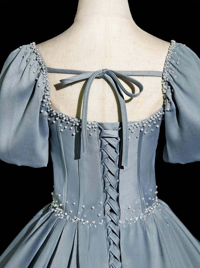 A-Line Puff Sleeves Satin Beads Gray Blue Long Prom Dress, Gray Blue Long Formal Dress