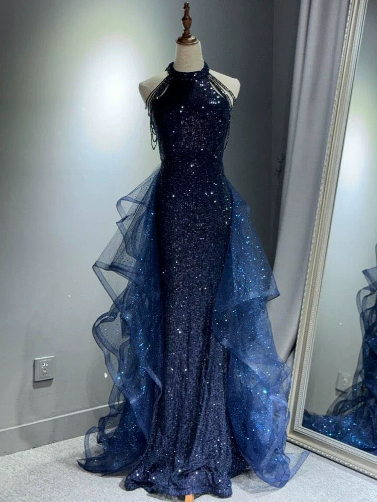 A-Line Tulle Sequin Dark Blue Long Prom Dress, Dark Blue Long Formal Dress