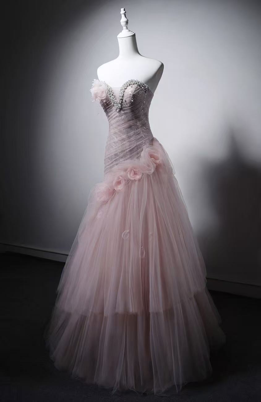 Unique Sweetheart Tulle Long Pink Prom Dress with Beads