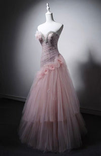 Unique Sweetheart Tulle Long Pink Prom Dress with Beads