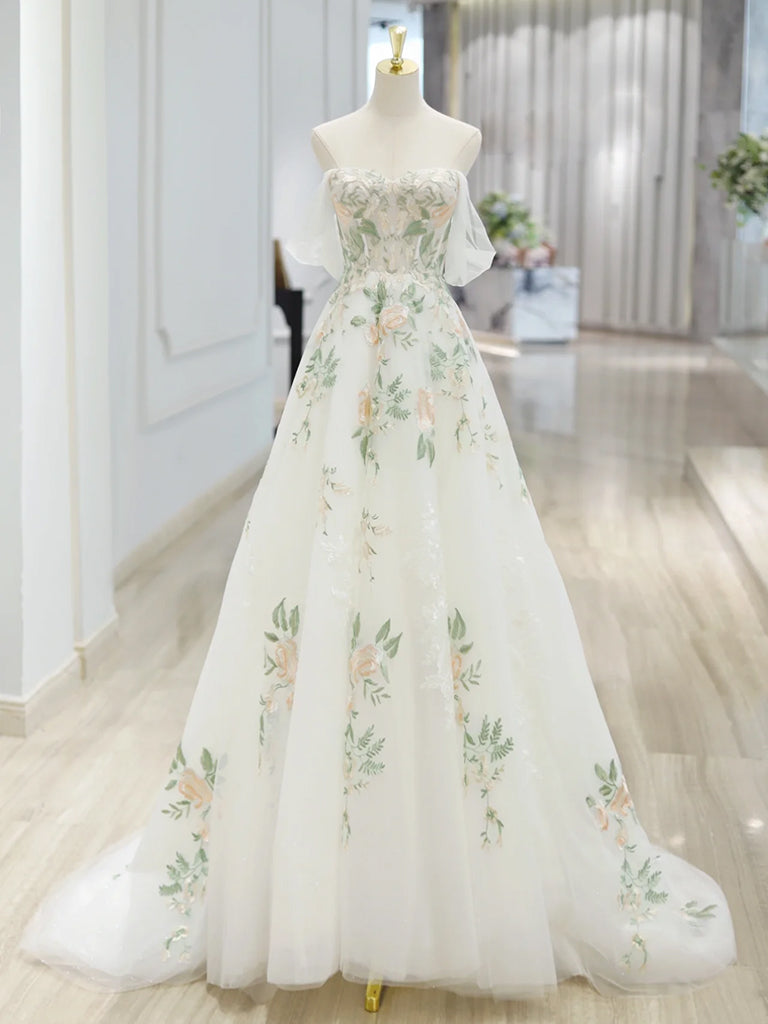 A-Line Off Shoulder Tulle Lace Applique White Long Prom Dress, White L toptby A-Line Off Shoulder Tulle Lace Applique White Long Prom Dress, White L toptby