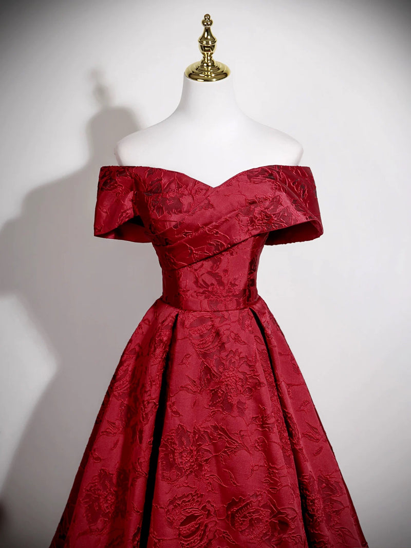 A-Line Off Shoulder Satin Dark Red Long Prom Dress, Dark Red Long Evening Dress
